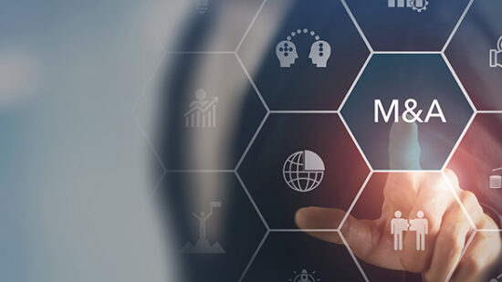 Business mergers and acquisitions concept. Share acquisition, asset business acquisition, amalgamation. Business review and development model. The abbreviation M and A on smart background, copy space.