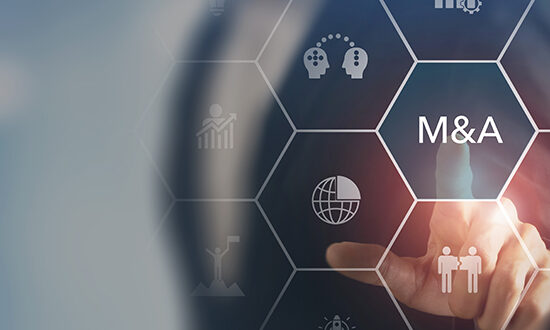 Business mergers and acquisitions concept. Share acquisition, asset business acquisition, amalgamation. Business review and development model. The abbreviation M and A on smart background, copy space.